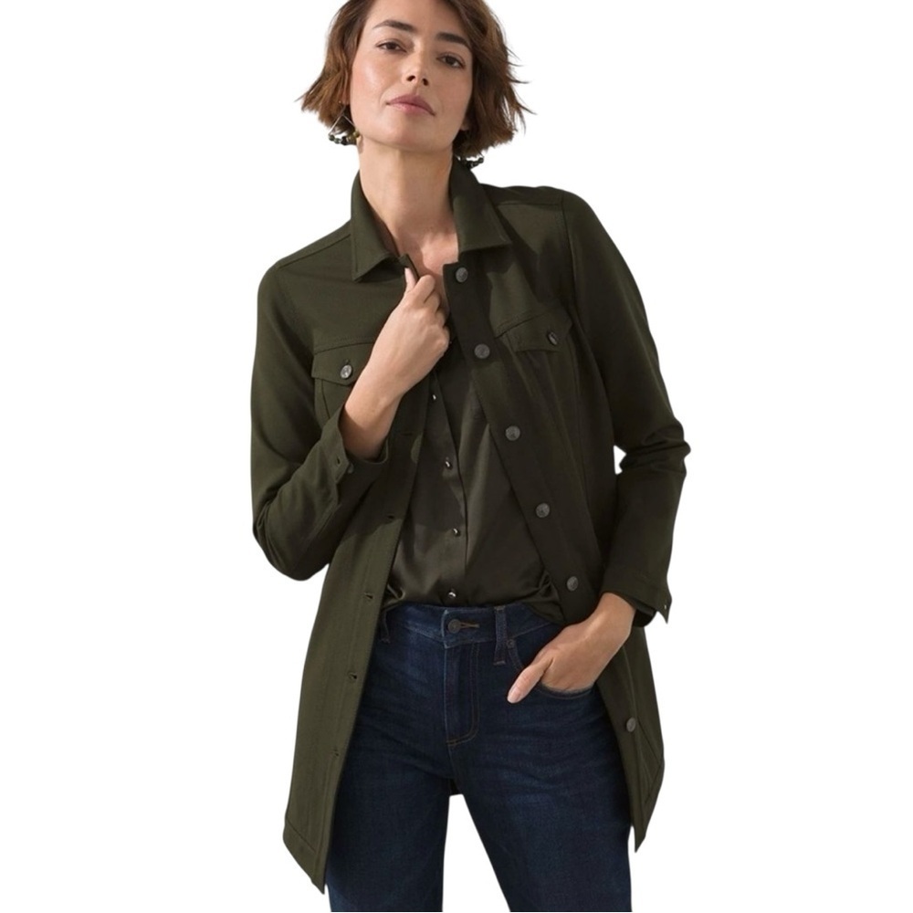 Chico’s Elongated Ponte Women's Jacket Size 4 US 20 Primordial Forest Green